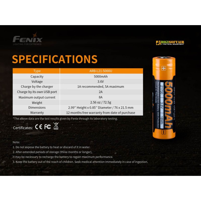 FENIX RECHARGEABLE BATTERY 21700 5000 mAh with usb port